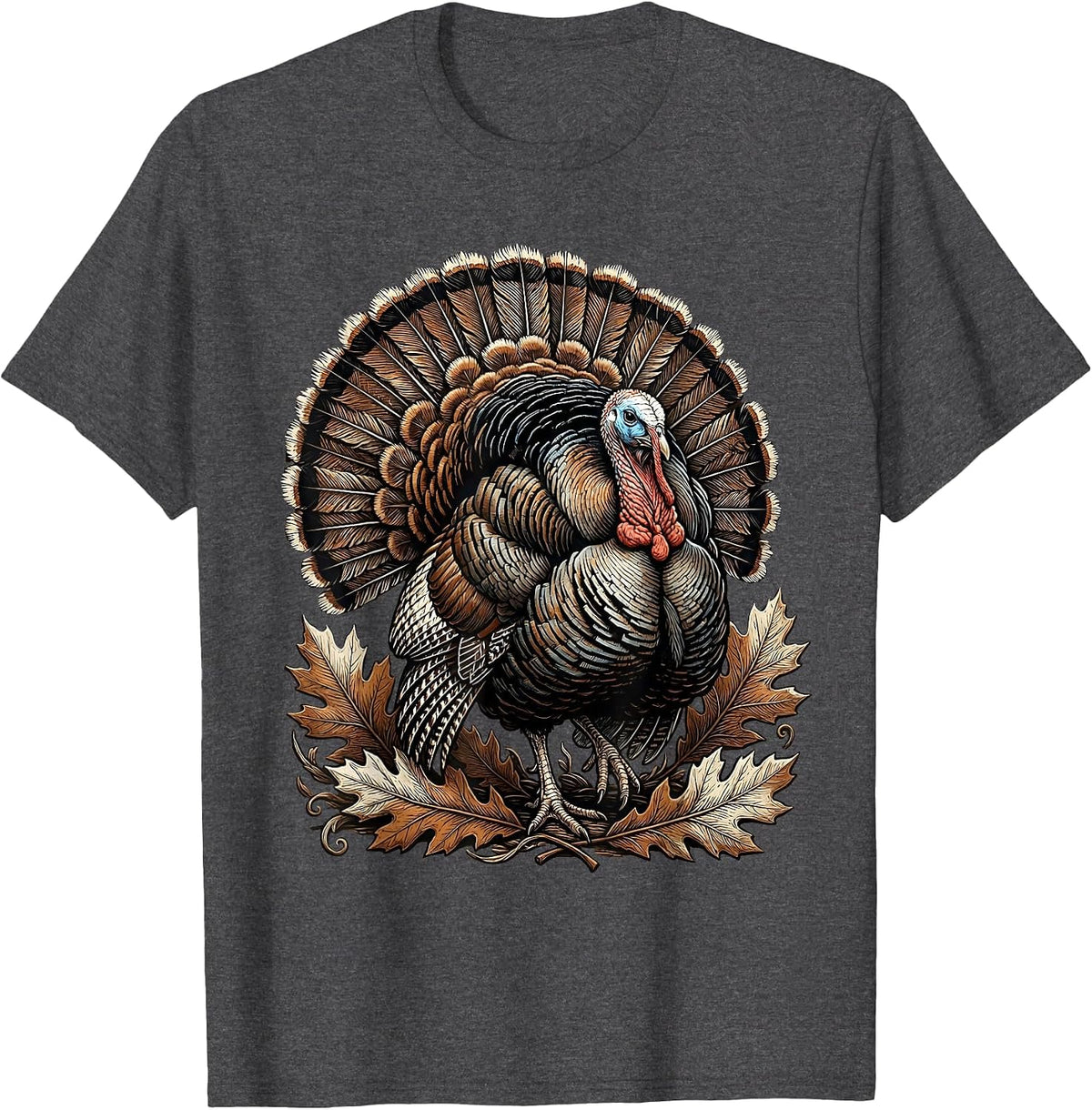 Men's Strutting Turkey Autumn Leaves Thanksgiving Design T-Shirt - Dark Heather Grey