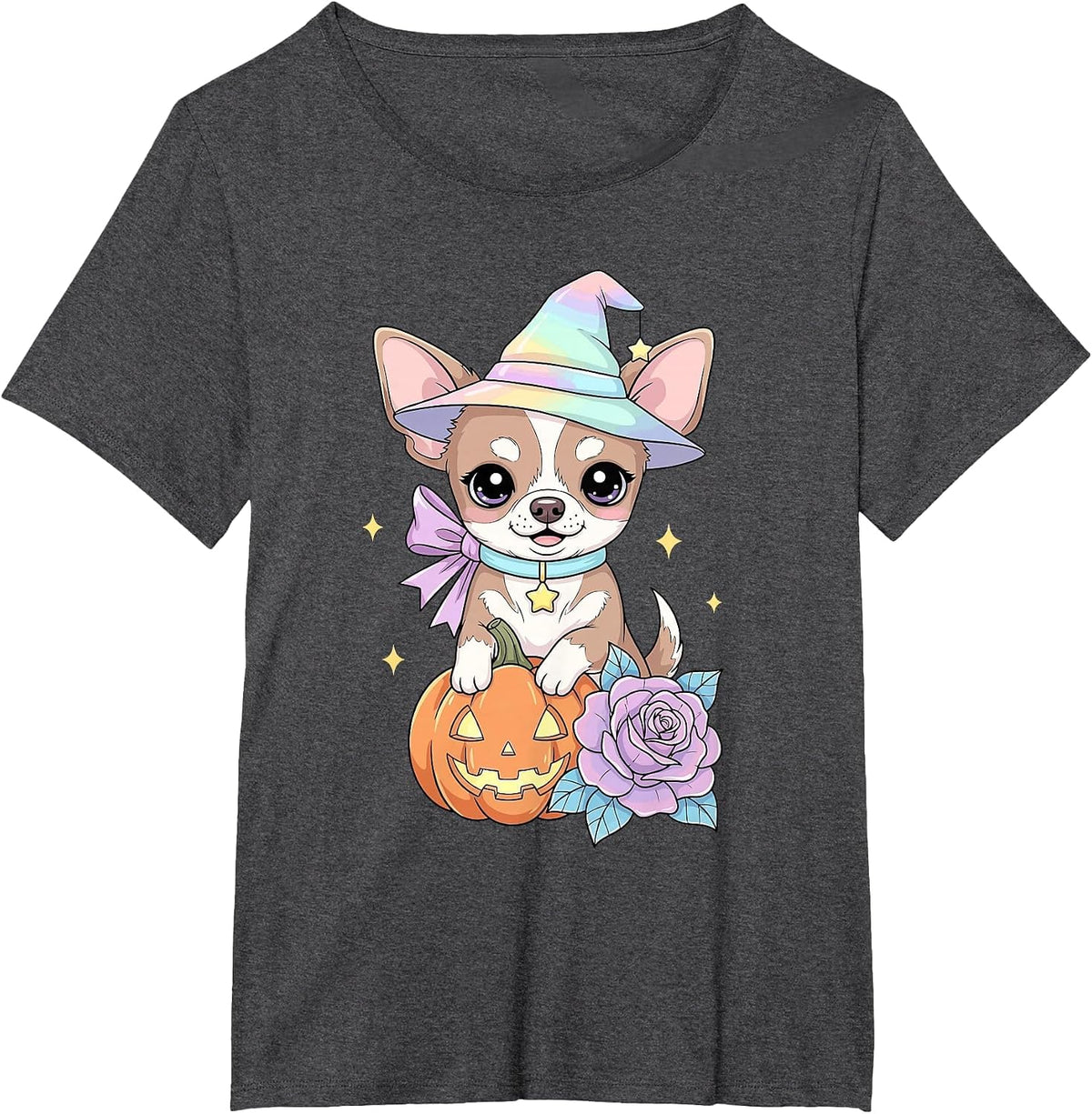 Kawaii Chihuahua Puppy Witch Pumpkin Halloween Pastel Dog T-Shirt - Dark Heather Grey