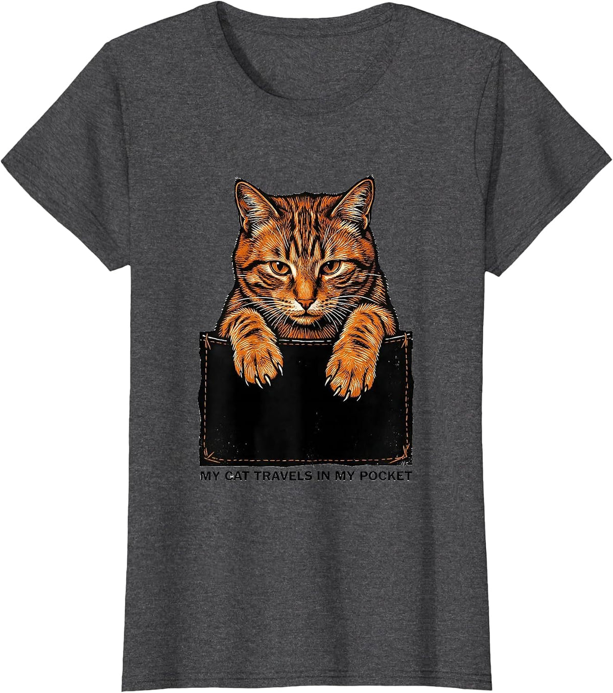Women's My Cat Travels In My Pocket Playful Cat Lover Linocut T-Shirt - Dark Heather Grey