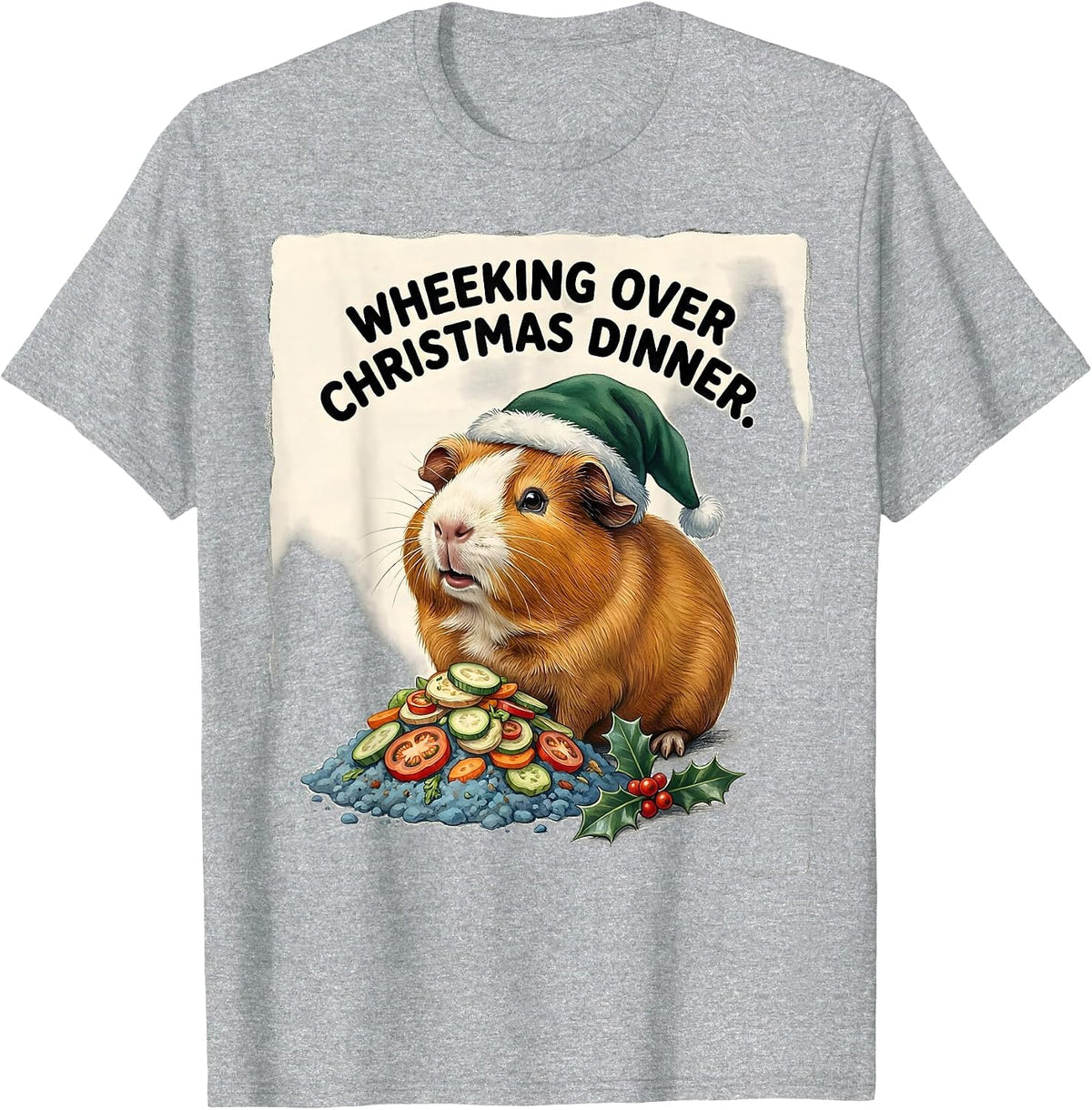 Men's Wheeking Over Christmas Dinner Funny Guinea Pig Santa Hat T-Shirt - Heather Grey