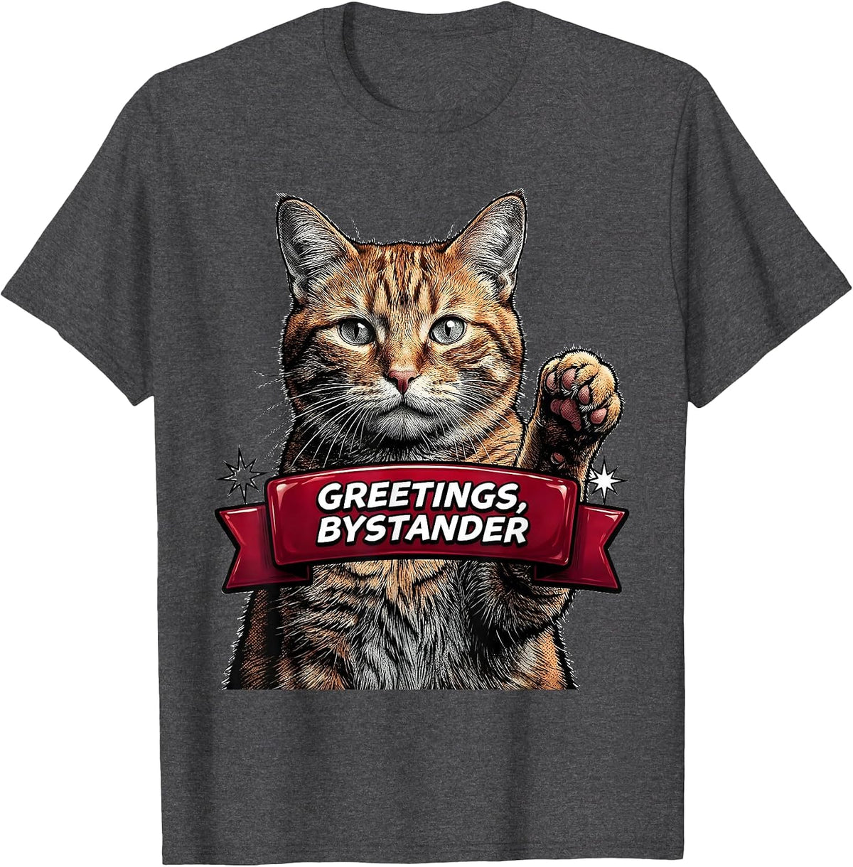 Men's Greetings Bystander Funny Cat Meme Bootleg Graphic T-Shirt - Dark Heather Grey