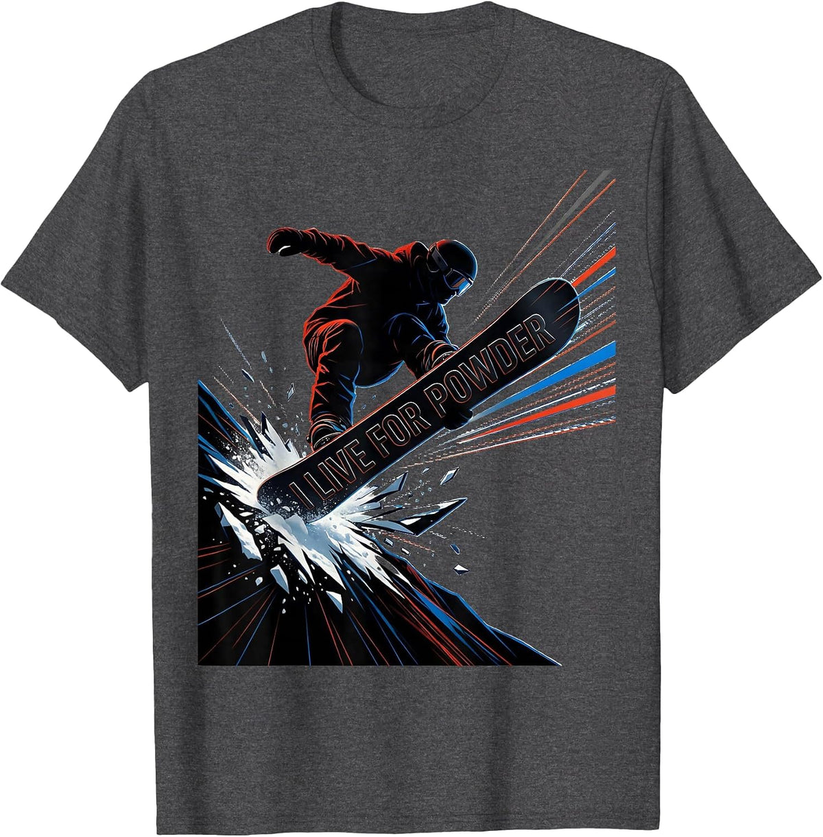 Men's I Live For Powder Futurist Snowboarder Winter Sports Humor T-Shirt - Dark Heather Grey
