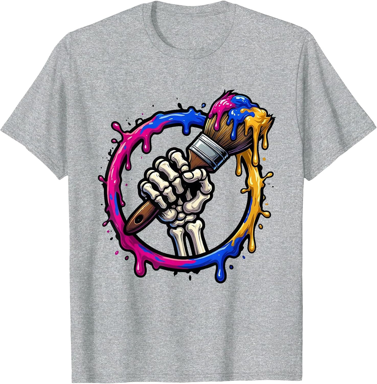 Men's Skeleton Hand Paintbrush Art Teacher Graphic T-Shirt - Heather Grey