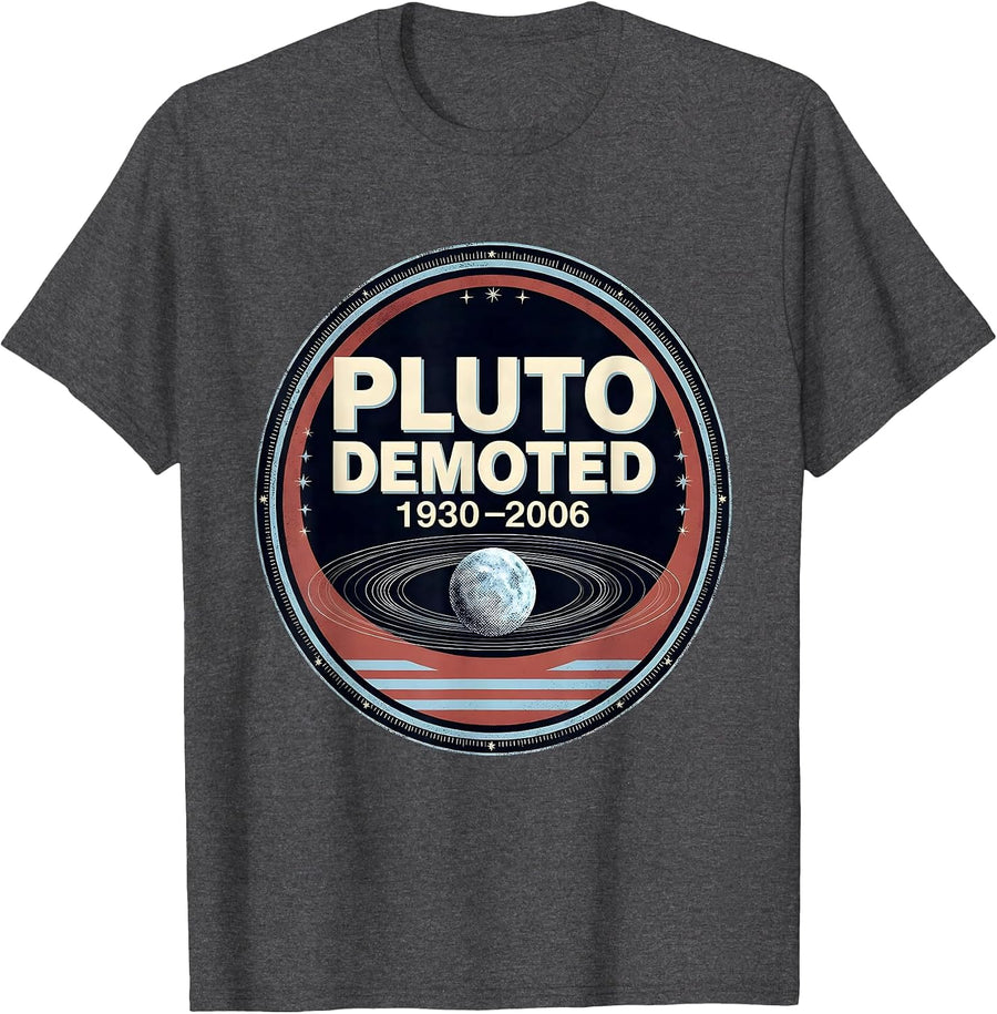 Men's Pluto, Demoted 1930–2006 Funny Retro Space Science Humor T-Shirt - Dark Heather Grey