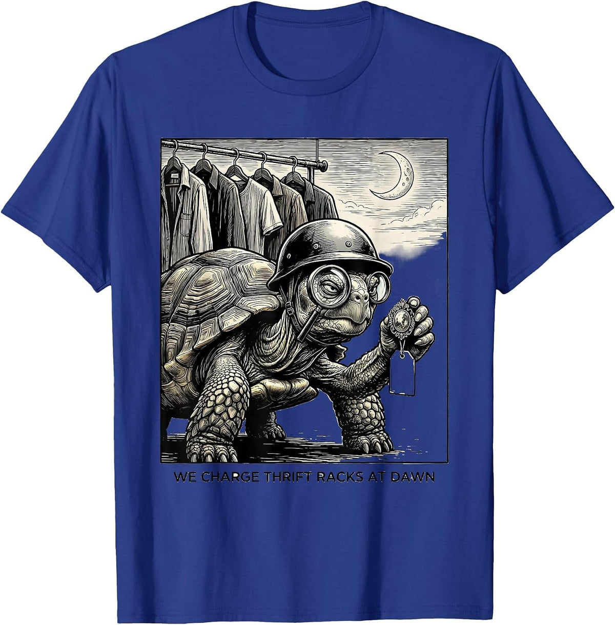 We Charge Thrift Racks At Dawn Funny Tortoise Vintage T-Shirt - Royal Blue