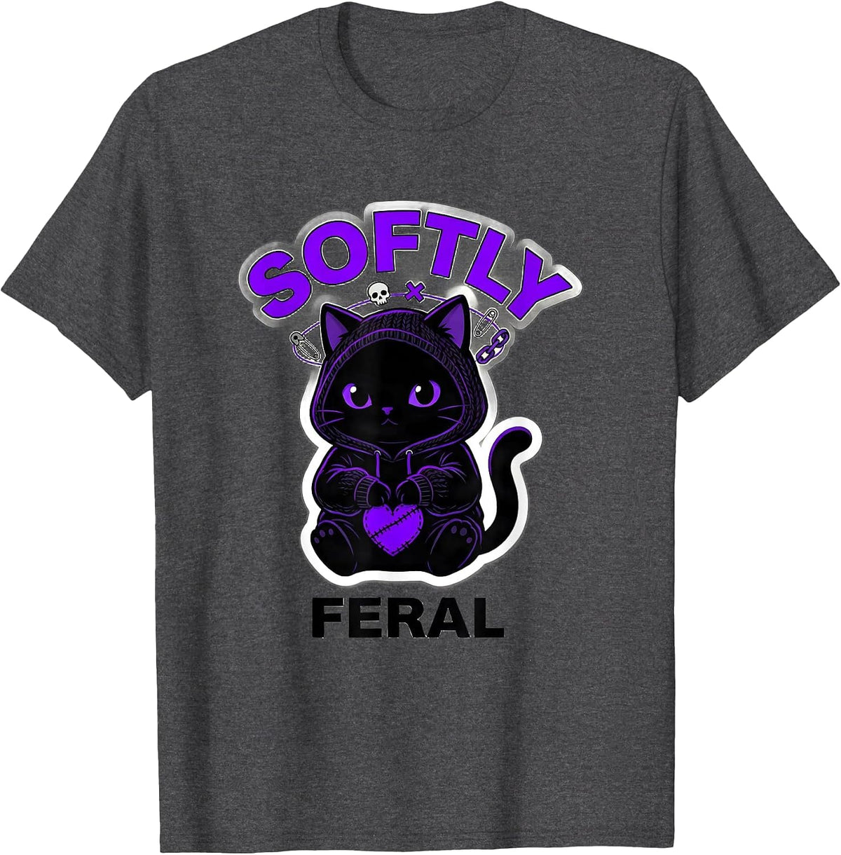 Softly Feral Chibi Cat Emo Goth Alt Aesthetic Punk T-Shirt - Dark Heather Grey