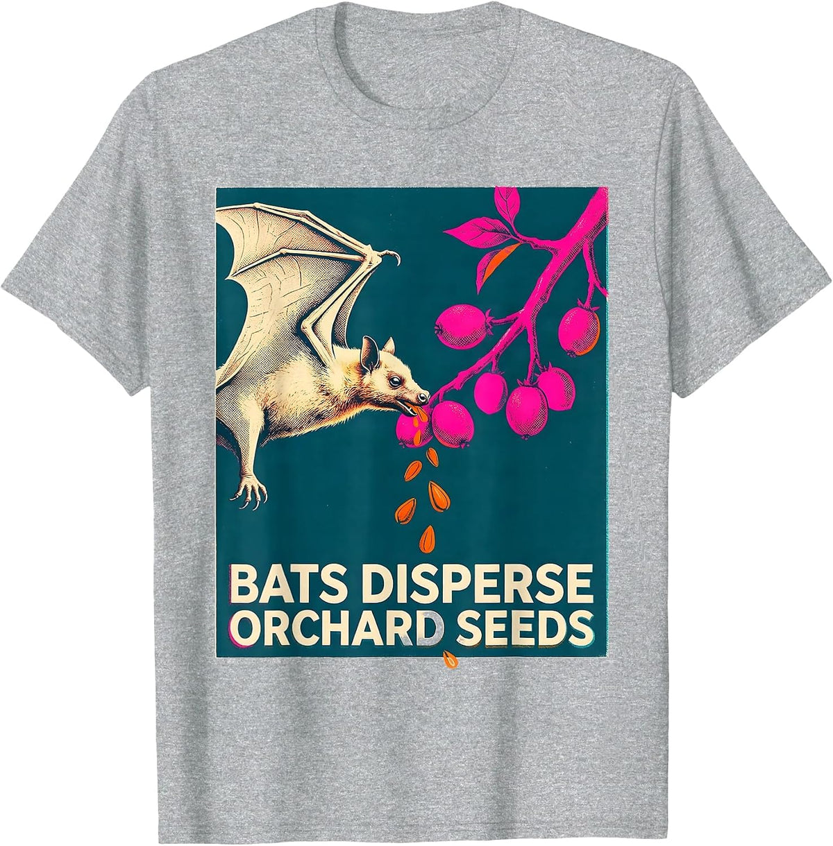 Men's Bats Disperse Orchard Seeds Risograph Bat Lover Nature T-Shirt - Heather Grey