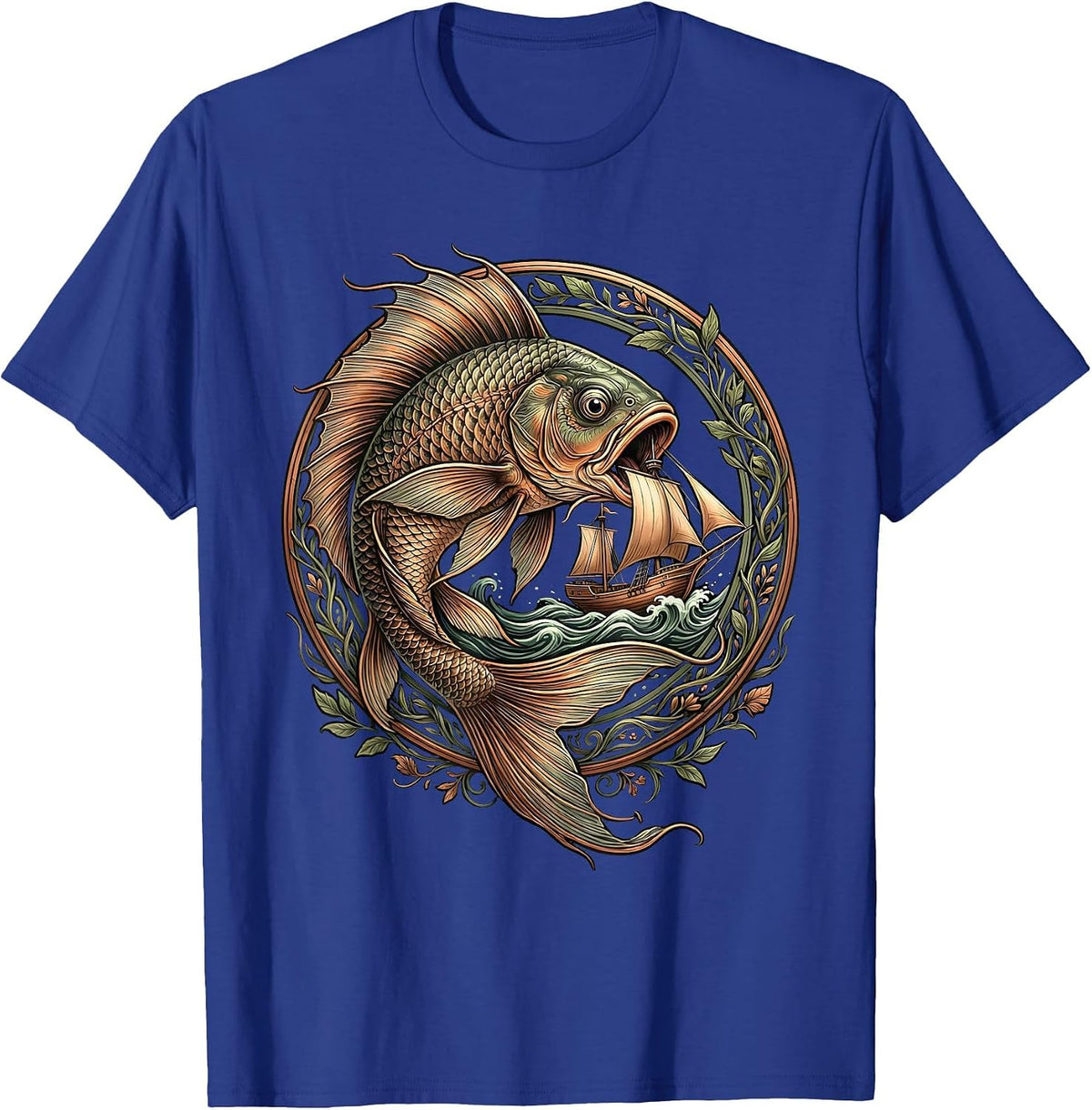 Men's Giant Fish Swallowing Boat Ocean Graphic T-Shirt - Royal Blue