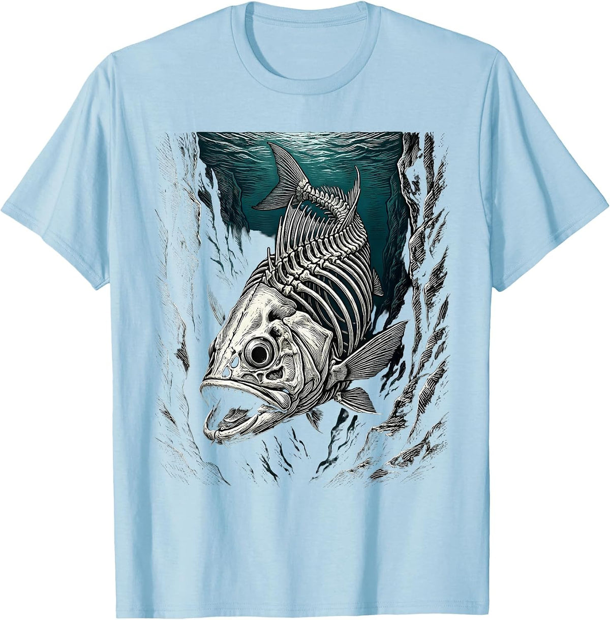 Men's Skeleton Fish Ocean Trench Deep Sea Illustration T-Shirt - Baby Blue