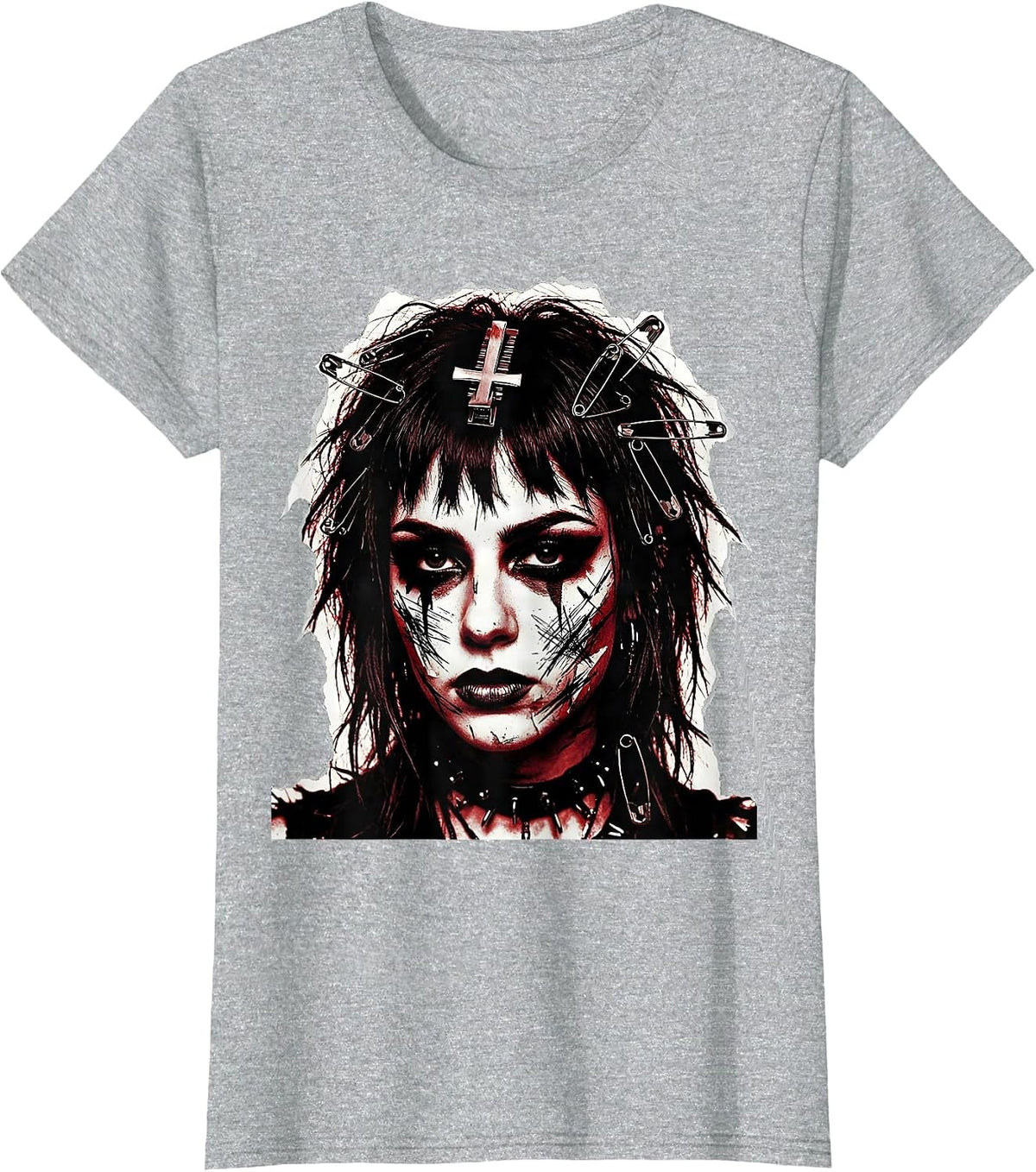 Emo Girl Upside-Down Cross Hair Clip Graphic T-Shirt - Heather Grey