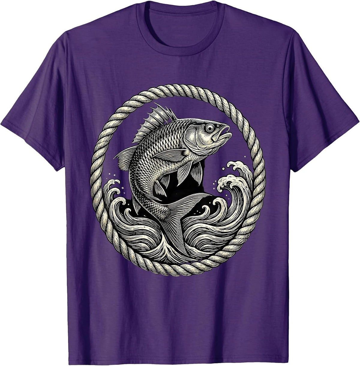 Men's Ichthus Fish Leaping Ocean Waves Christian Art T-Shirt - Purple