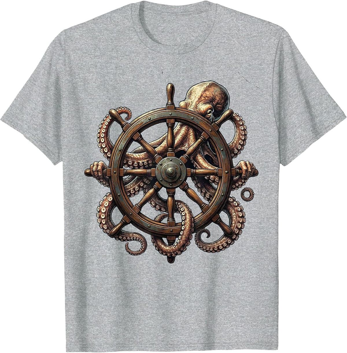 Men's Octopus Tangled Around Ship Steering Wheel T-Shirt - Heather Grey