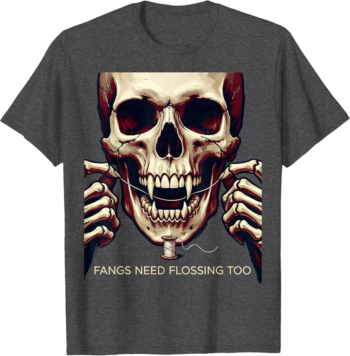 Fangs Need Flossing Too Dental Halloween Design T-Shirt - Dark Heather Grey