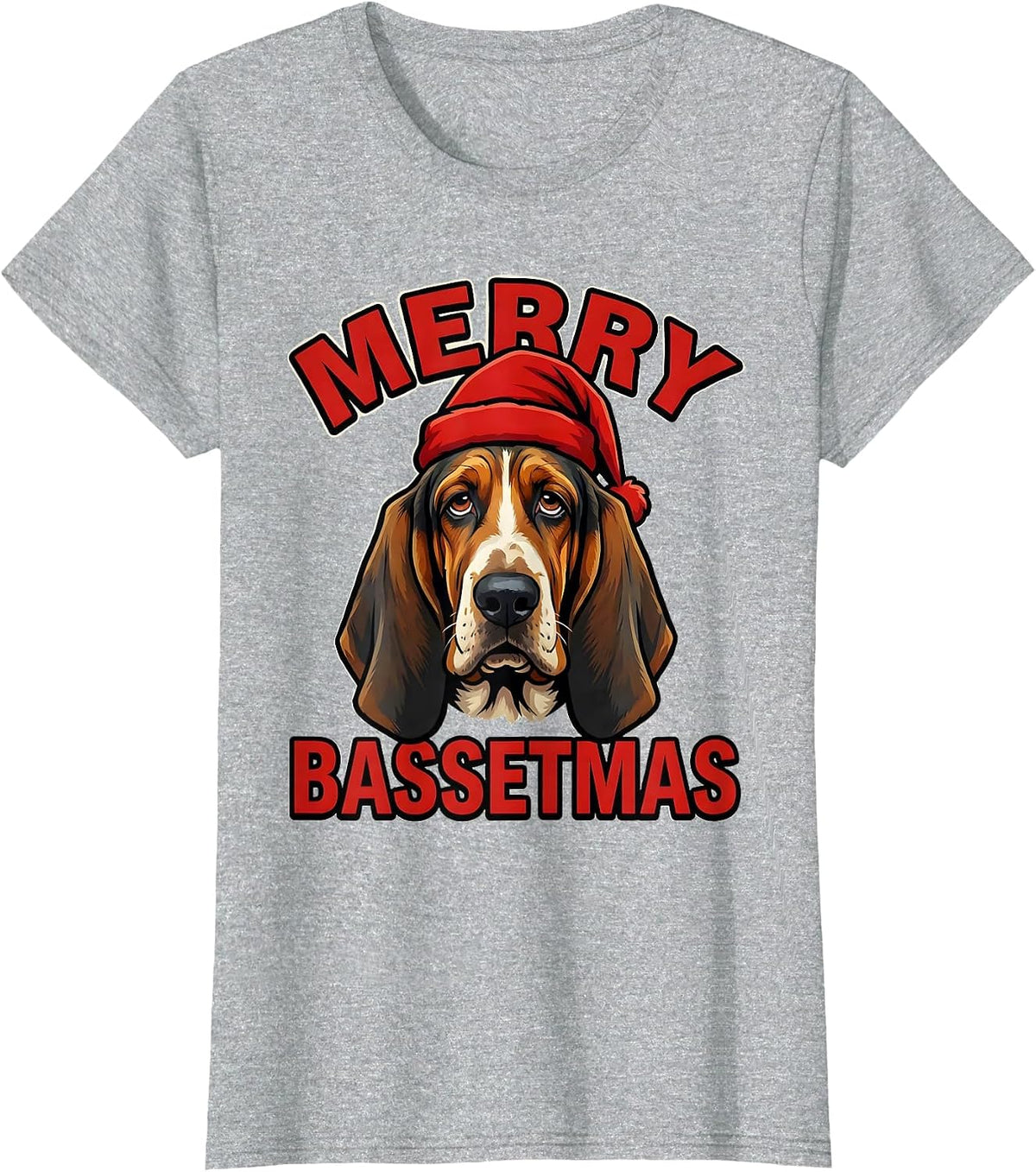 Women's Merry Bassetmas Cartoon Basset Hound Christmas Dog Lover T-Shirt - Heather Grey