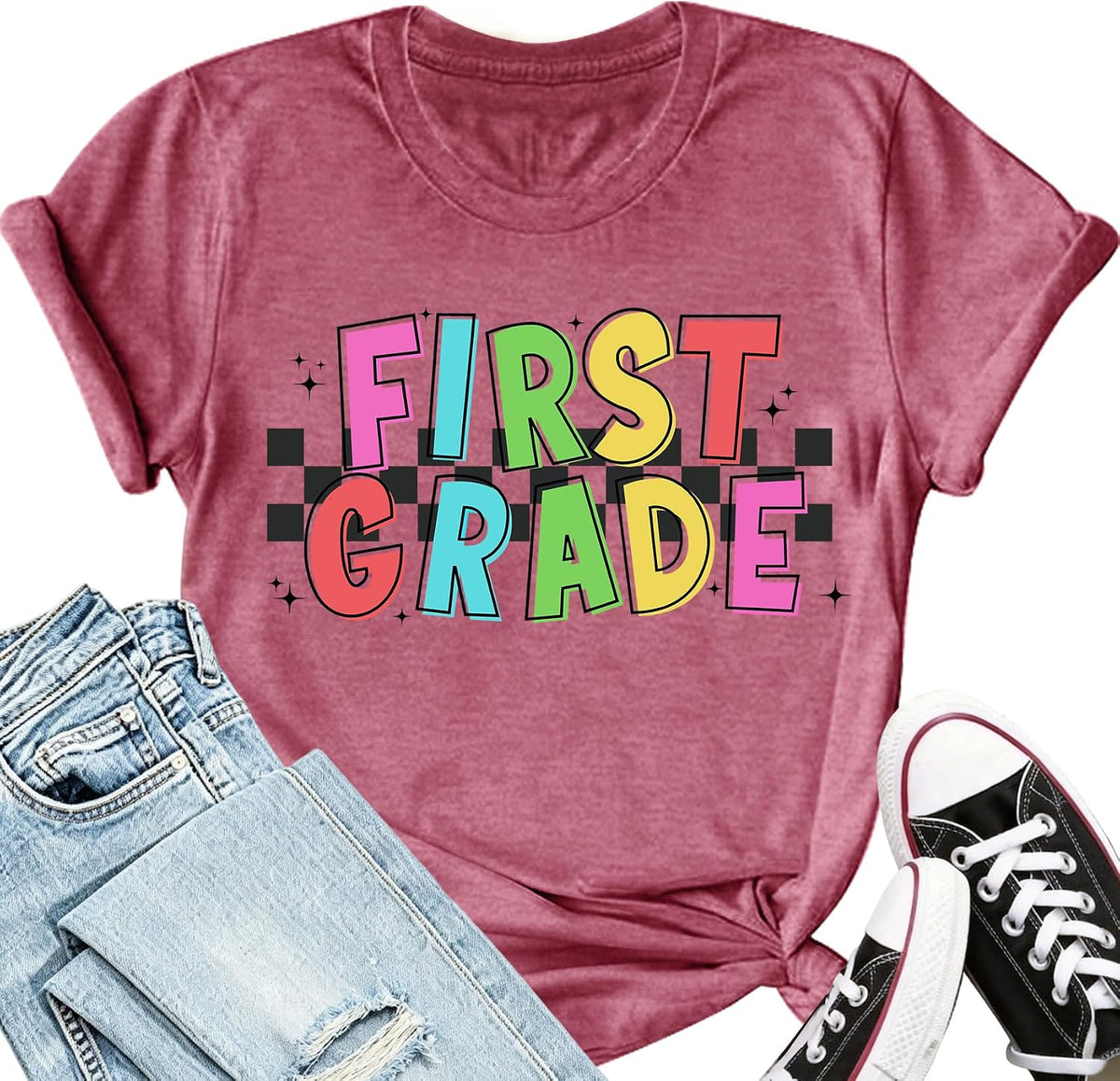 First Grade Teacher Shirts for Women: 1st Grade Letter Teach Tee - Pink1