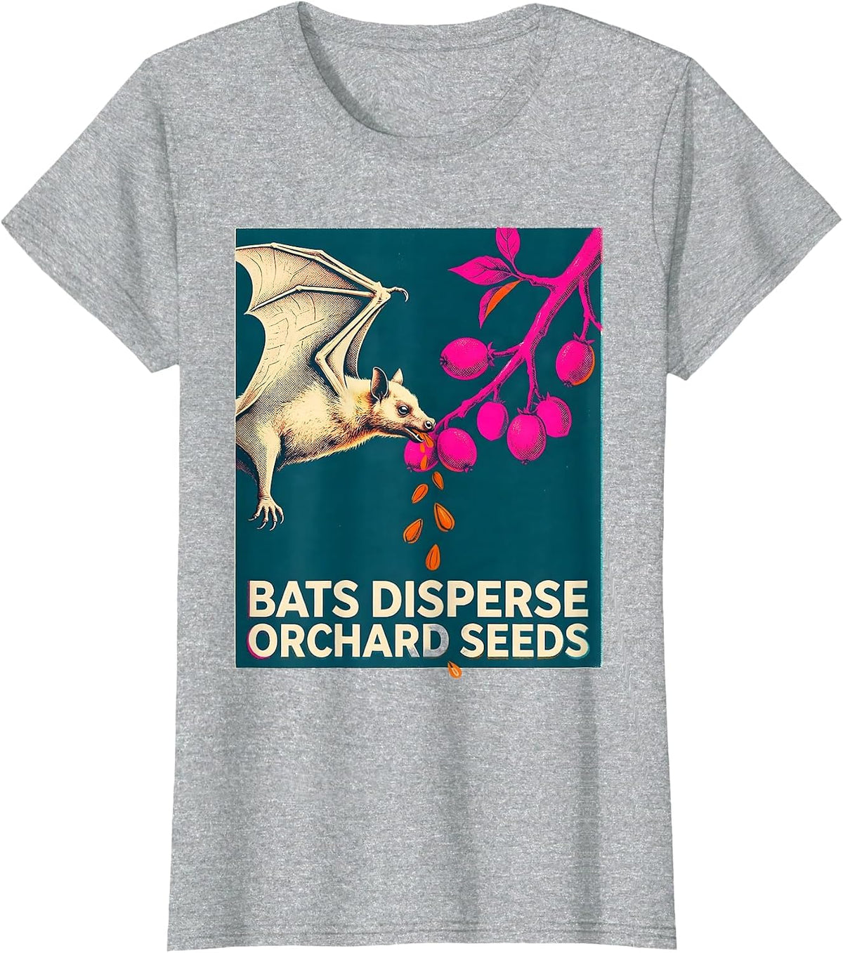 Women's Bats Disperse Orchard Seeds Risograph Bat Lover Nature T-Shirt - Heather Grey