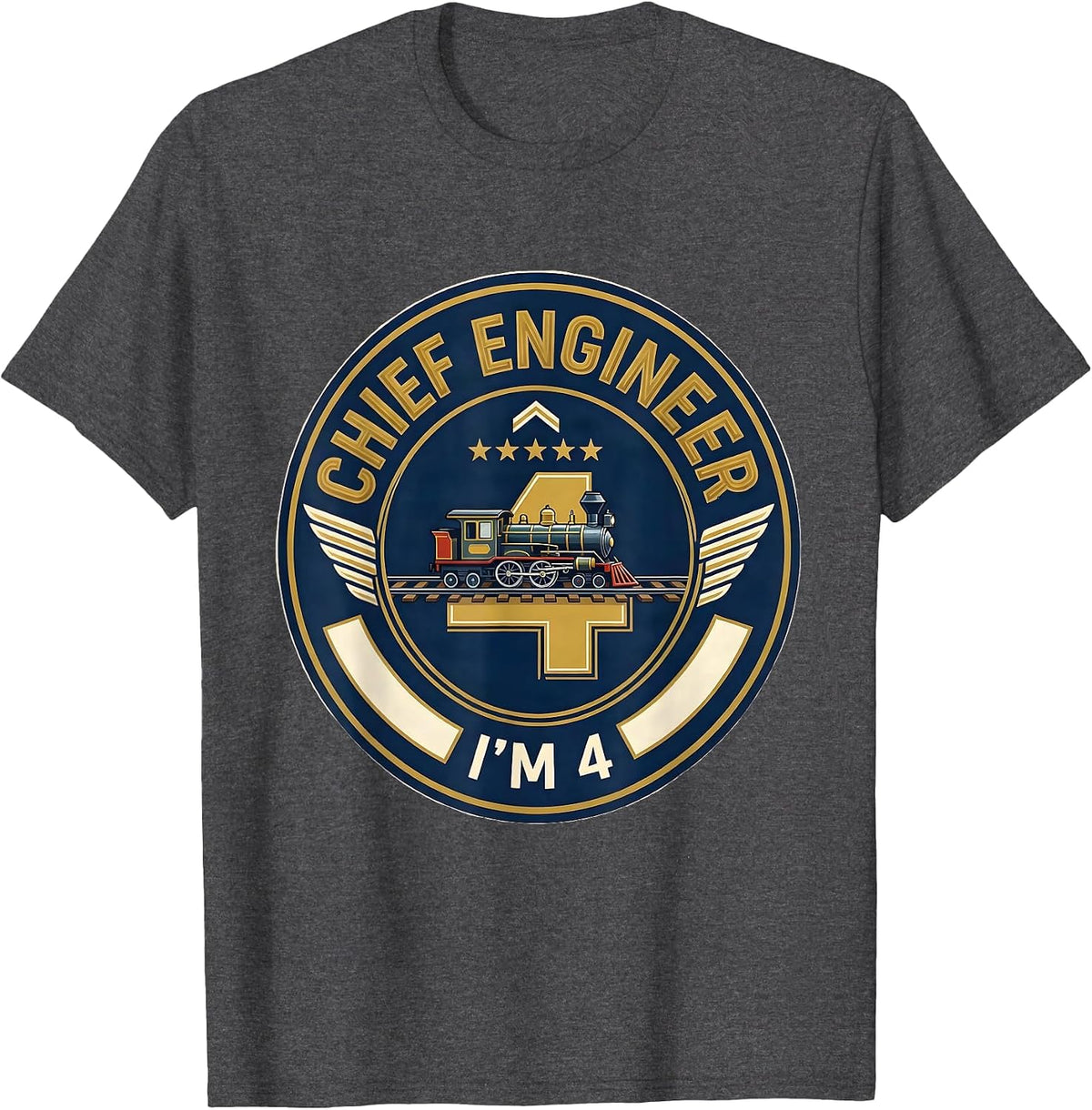 Men's I'm 4 Chief Engineer 4th Birthday Boy Train Party T-Shirt - Dark Heather Grey