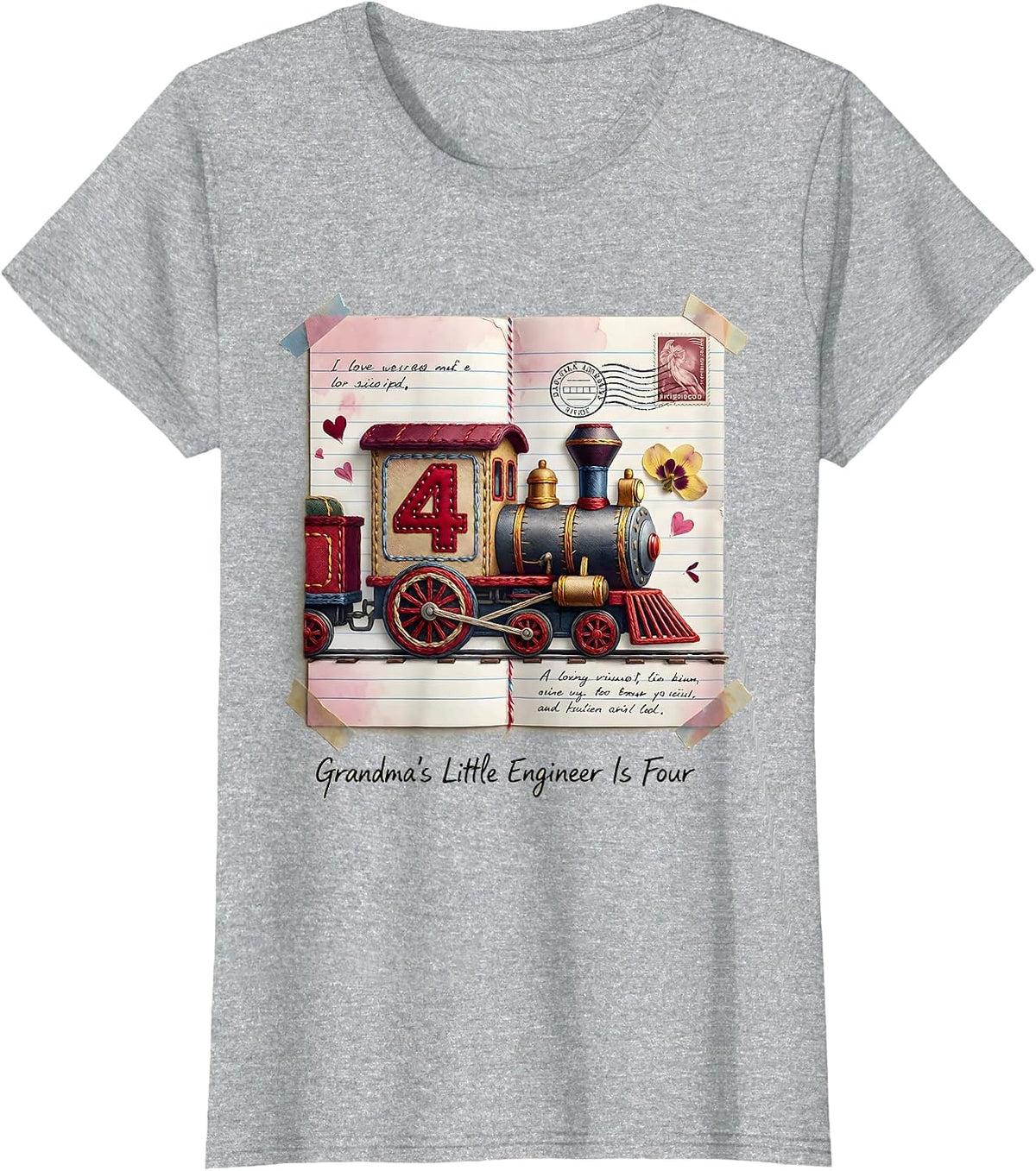 Grandma's Little Engineer Is Four Toddler Birthday Train T-Shirt - Heather Grey