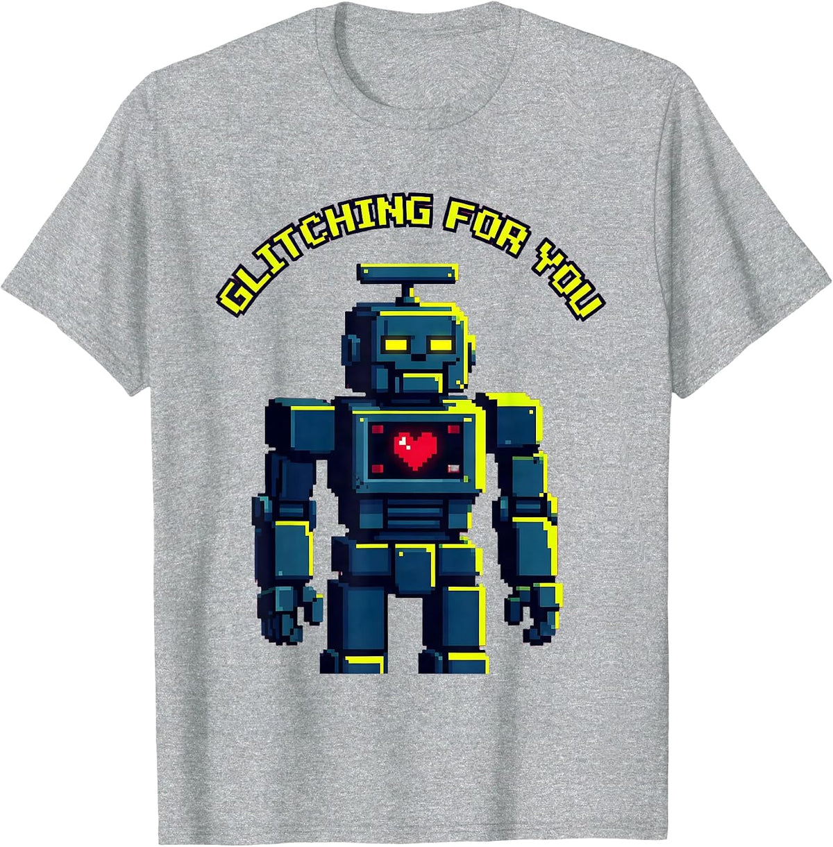 Men's Glitching For You Pixel Art Valentine Heart Robot Novelty T-Shirt - Heather Grey