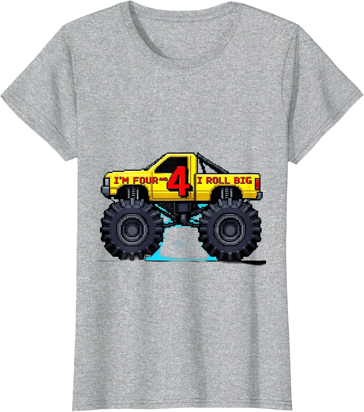 Women's I'm Four and I Roll Big Pixel Art Monster Truck Birthday Boy T-Shirt - Heather Grey
