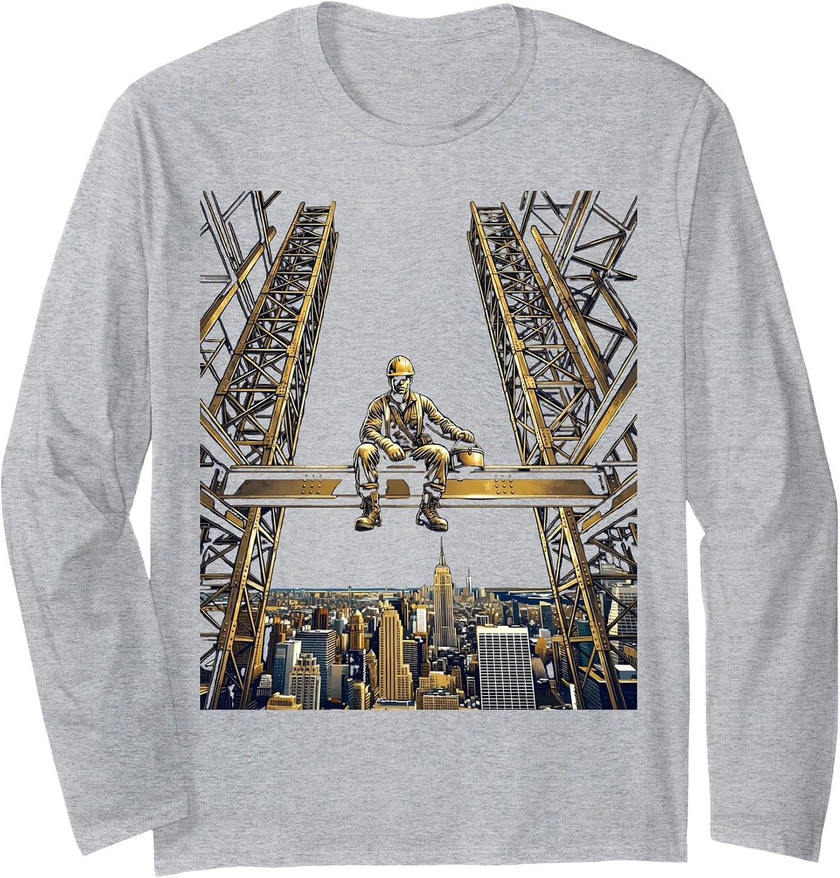 Iron Worker Skyscraper Steel Beam Silhouette Long Sleeve T-Shirt - Adult Unisex Heather Grey