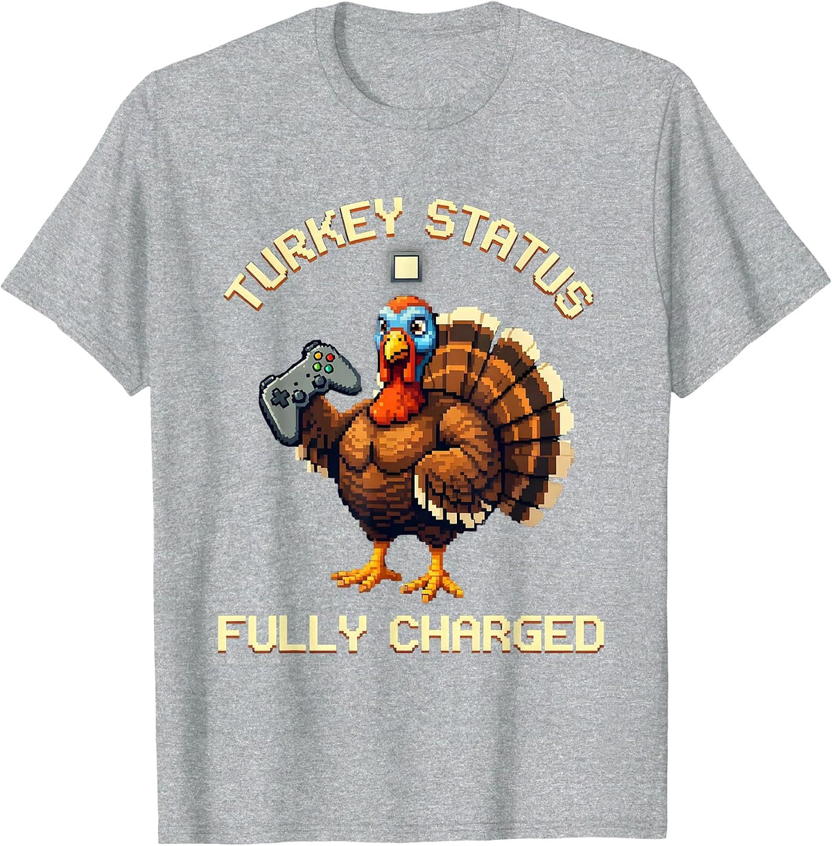 Men's Turkey Status Fully Charged Pixel Art Funny Thanksgiving T-Shirt - Heather Grey