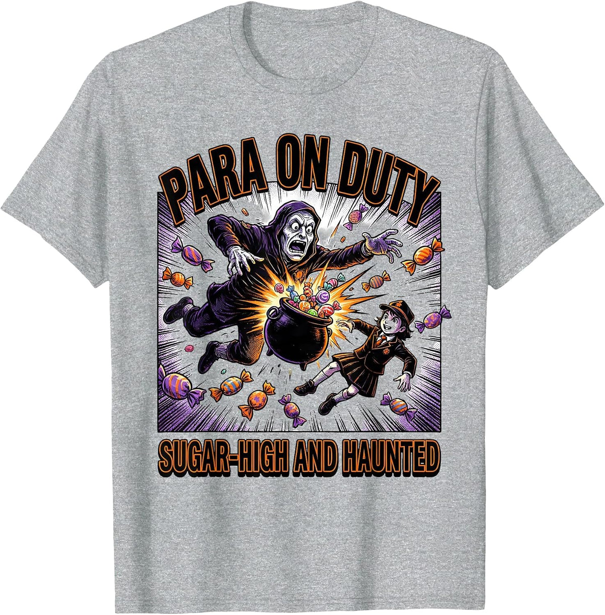 Men's Para On Duty Sugar-High And Haunted Comic Ghost Para Normal T-Shirt - Heather Grey