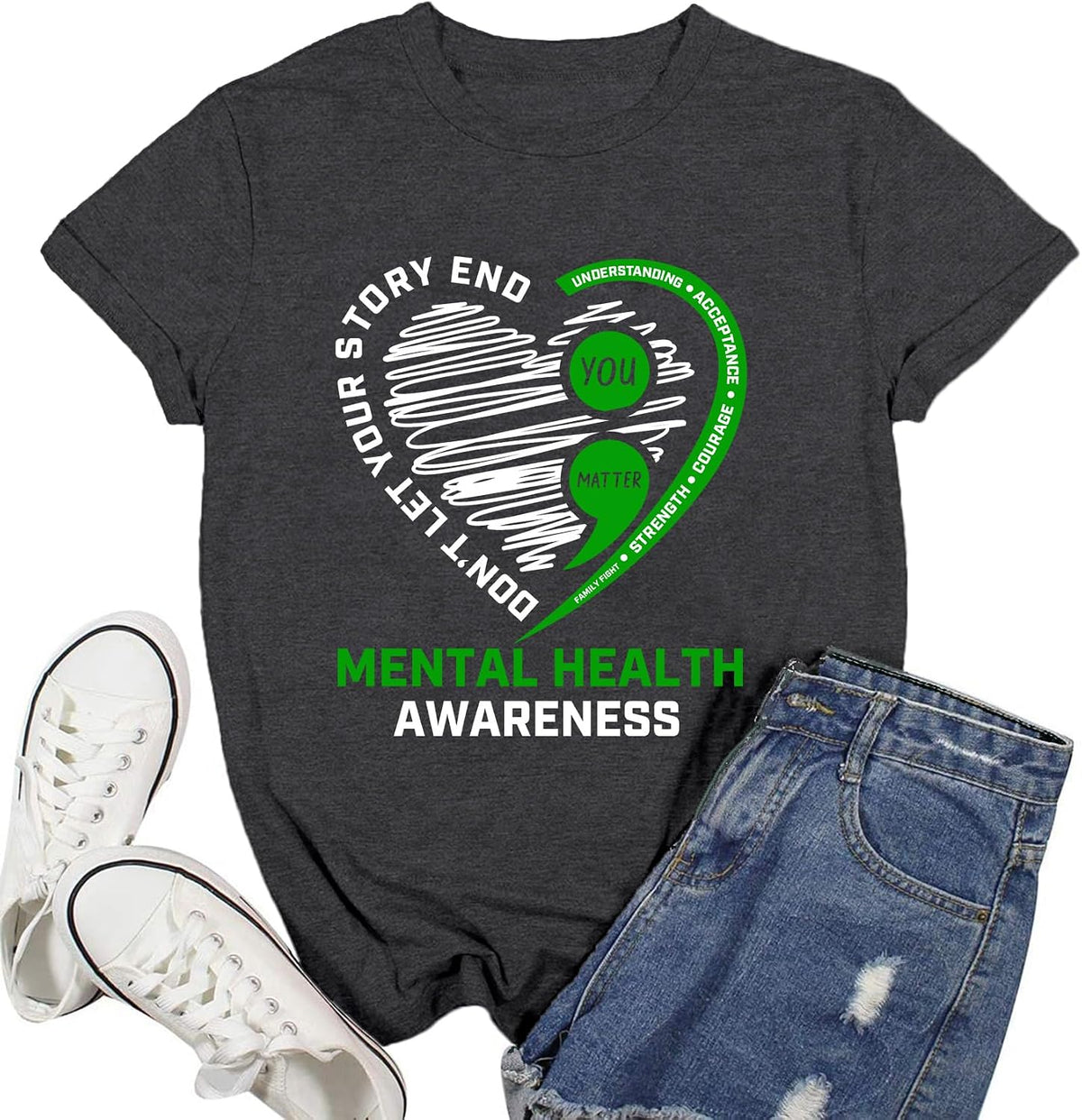 Women Mental Health Awareness Shirt Green Ribbon T-Shirt Inspirational Psychologist Therapist Tee Top - Grey
