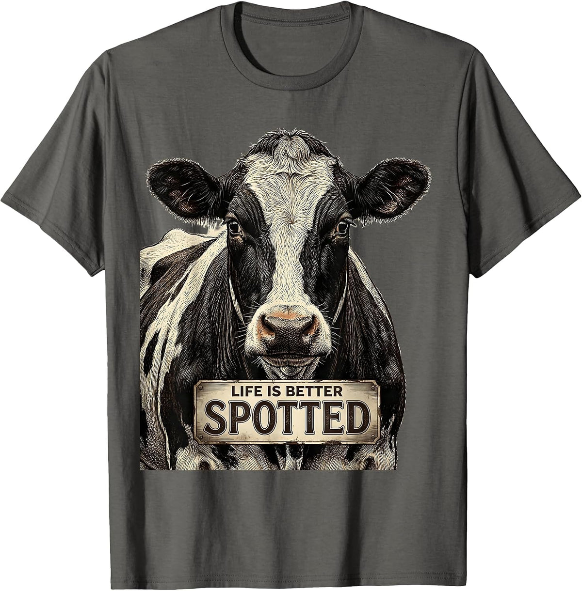 Life Is Better Spotted Cow Print Design T-Shirt - Asphalt Grey