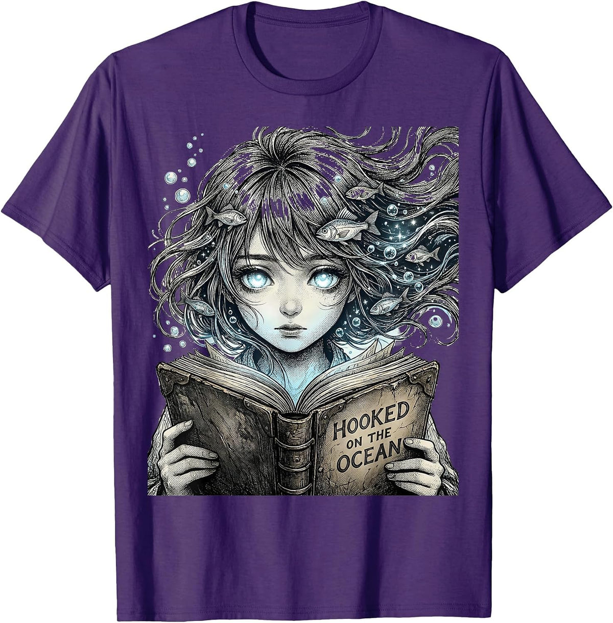 Men's Hooked on the Ocean Fishing Lover Design T-Shirt - Purple