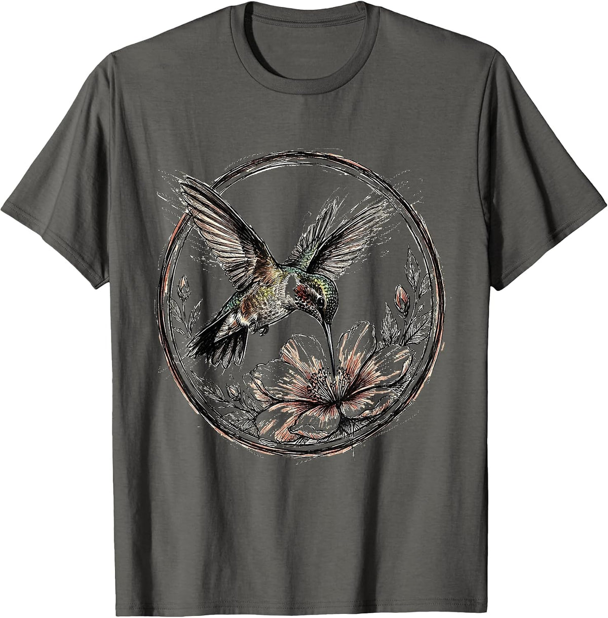 Hummingbird Hovering at Red Blooming Flower T-Shirt - Asphalt Grey