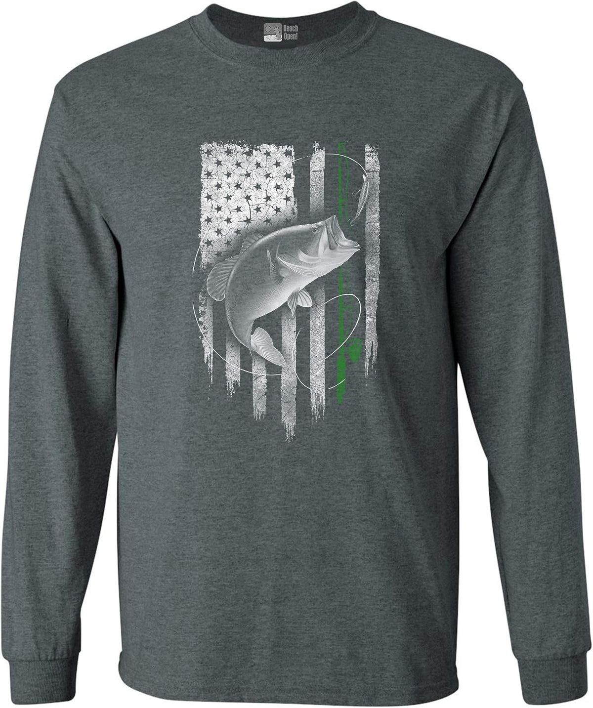 Long Sleeve Adult Tee Fish Hunting Fishing Rod American Flag USA DT - Dark Heather
