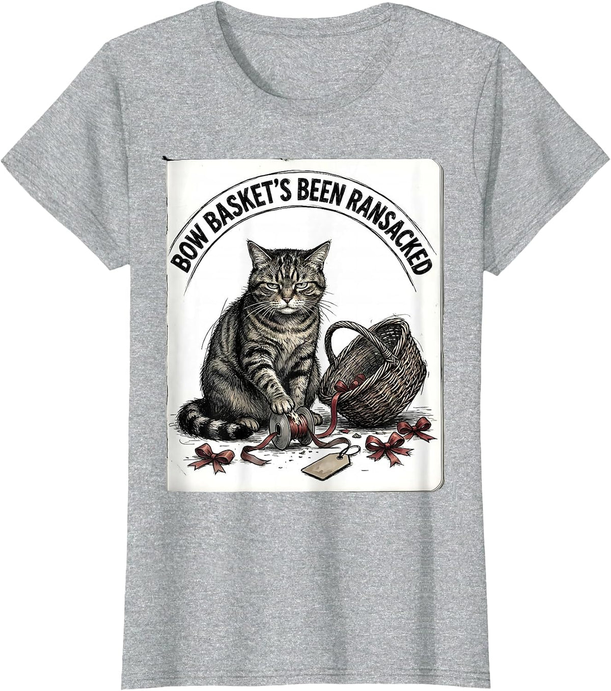 Bow Basket's Been Ransacked Funny Cat Lover Christmas Grumpy T-Shirt - Heather Grey