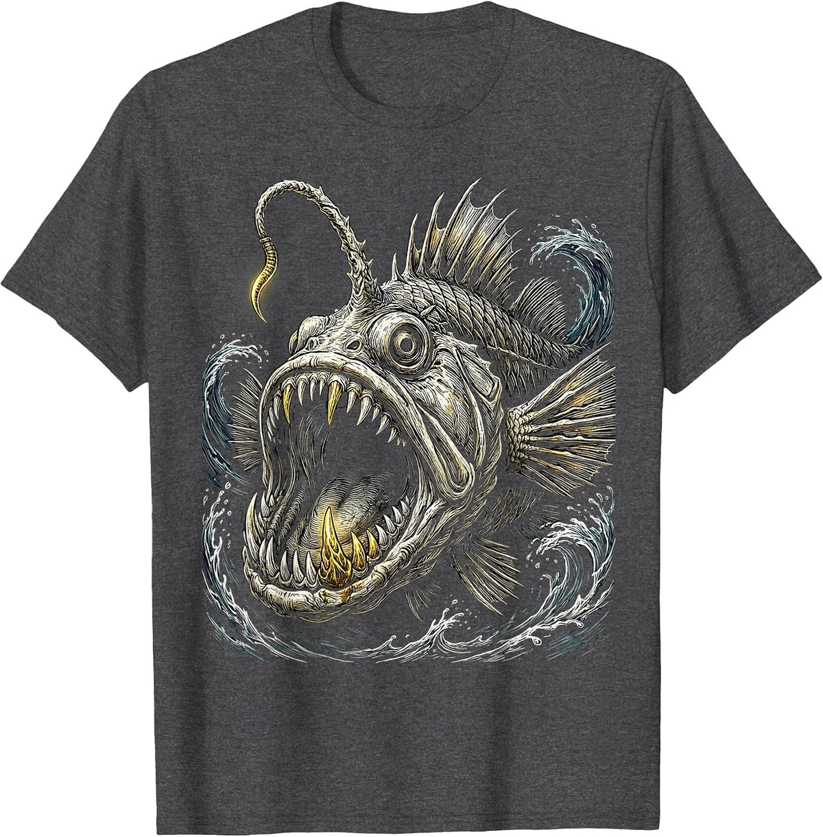 Pirate Anglerfish Deep Sea Gold Tooth Illustration T-Shirt - Dark Heather Grey