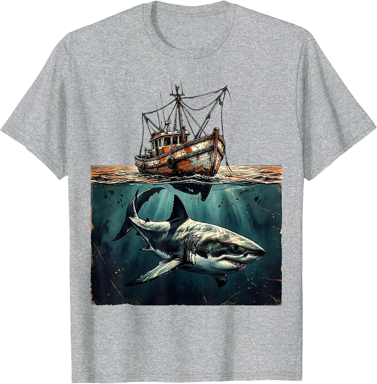 Men's Shark Beneath Fishing Boat Graphic Tee T-Shirt - Heather Grey