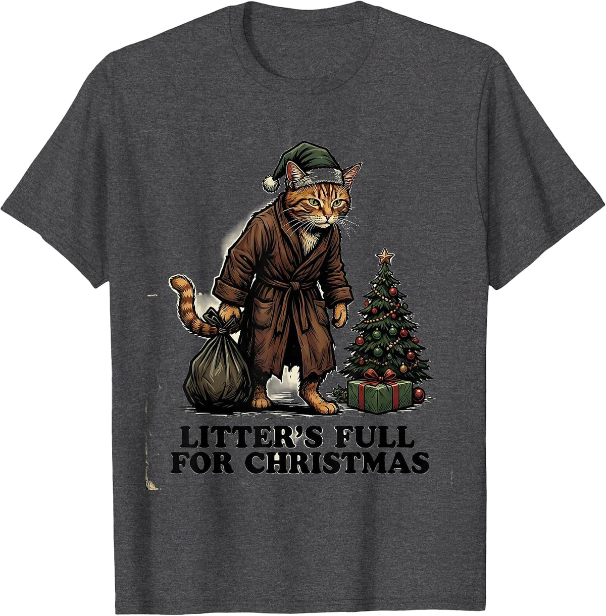 Litter's Full For Christmas Funny Cat Lover Vintage T-Shirt - Dark Heather Grey
