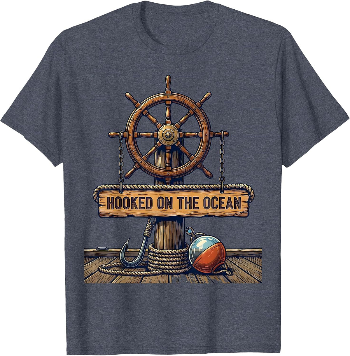 Hooked on the Ocean Sailor Graphic Design T-Shirt - Heather Blue