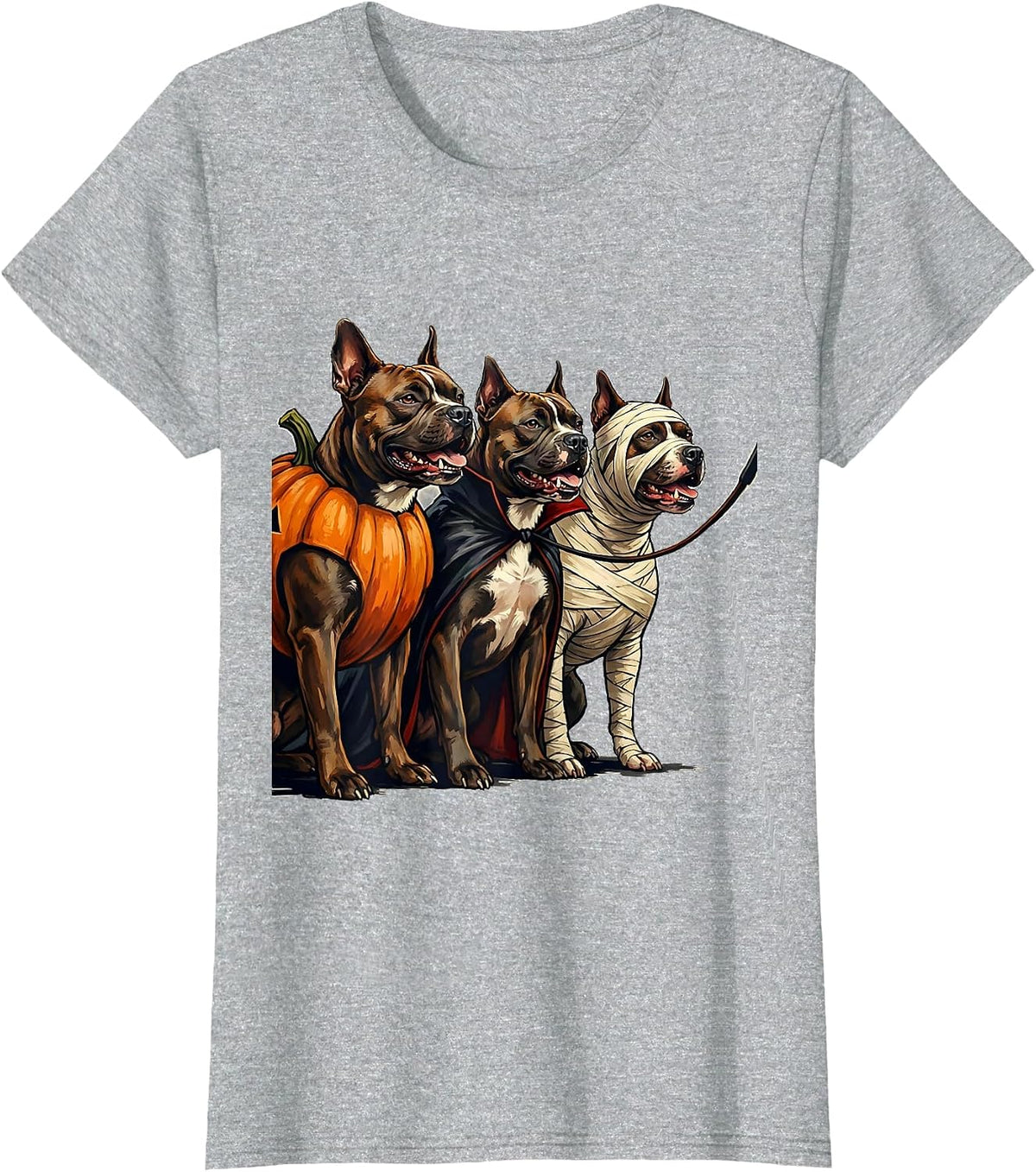 Women's Pit Bull Terrier Squad Pumpkin Vampire Mummy Halloween Dog T-Shirt - Heather Grey