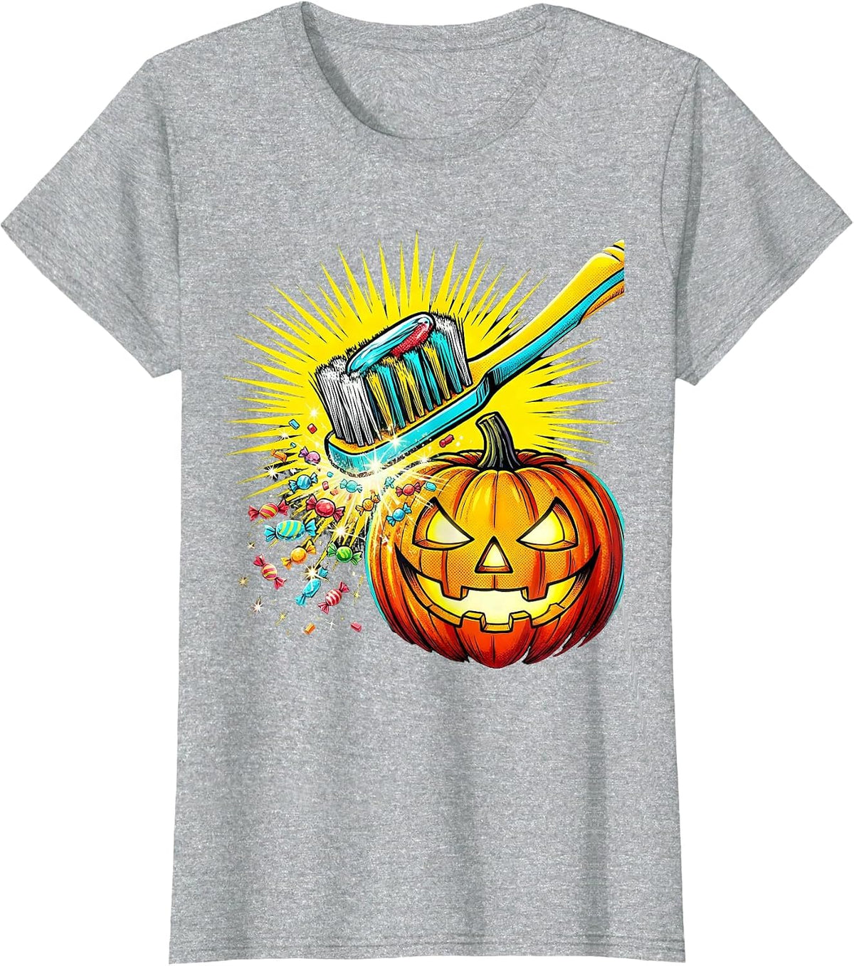 Women's Oversized Toothbrush Jack-O-Lantern Dental Humor Halloween T-Shirt - Heather Grey