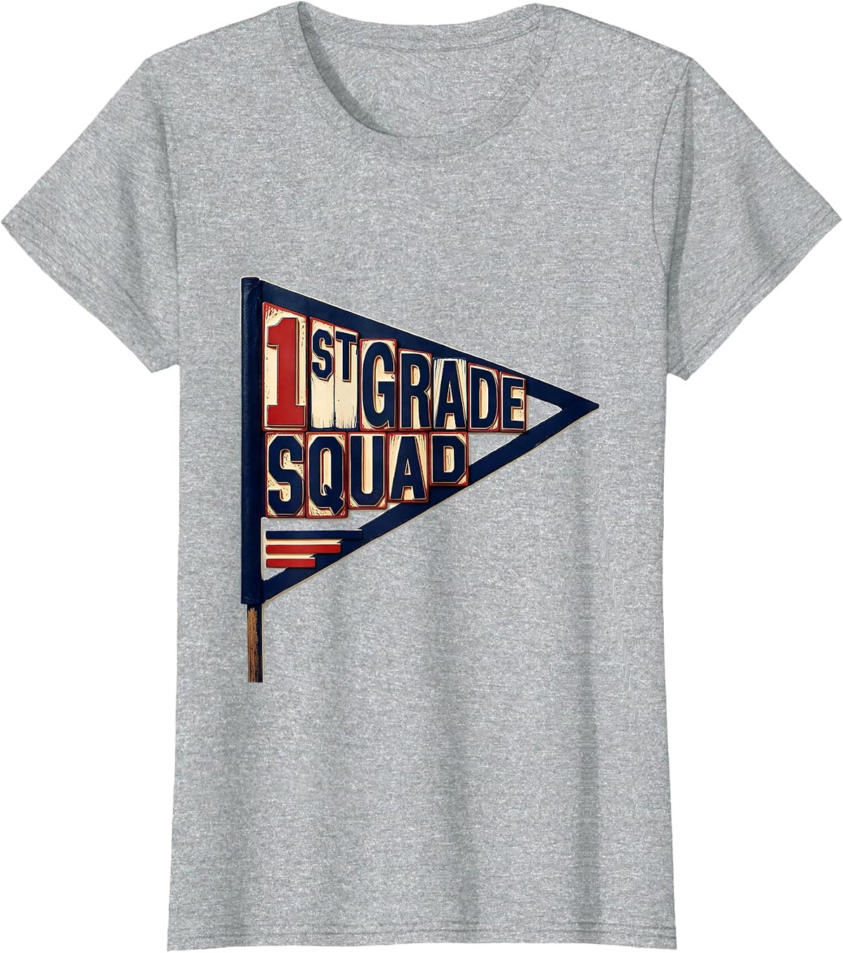 1st Grade Squad Wood Type Letterpress Teacher Crew Back T-Shirt - Heather Grey