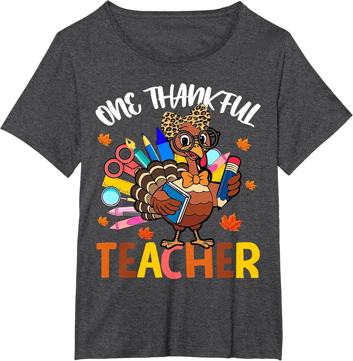 One Thankful Teacher Thanksgiving Turkey Cute Crayon Pencil T-Shirt - Dark Heather Grey