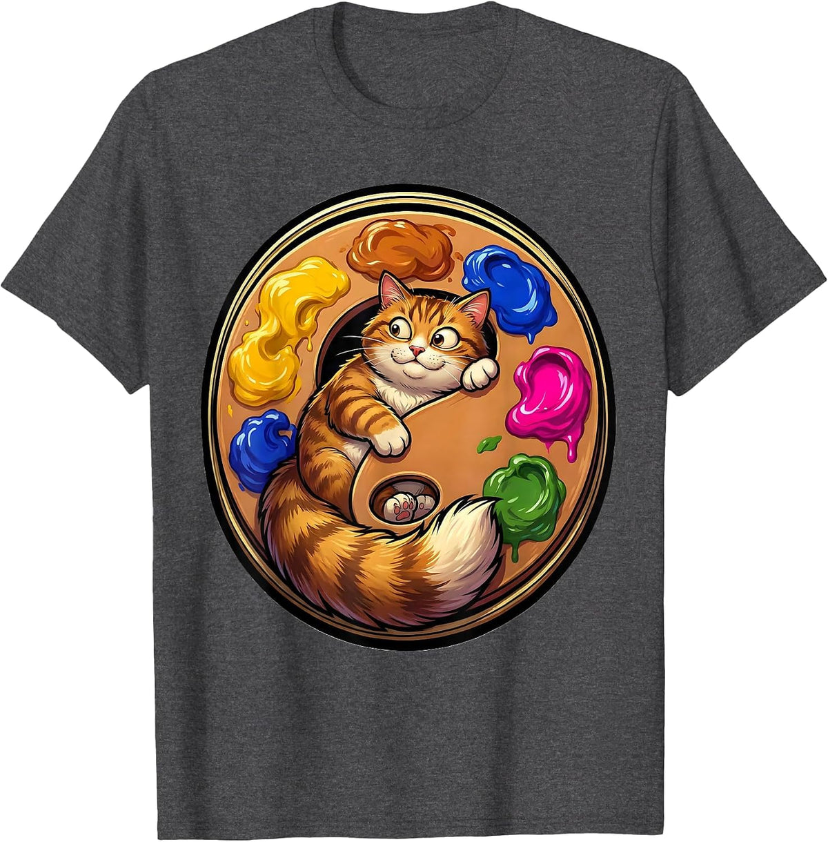 Men's Art Teacher Cat in Giant Paint Palette Design T-Shirt - Dark Heather Grey