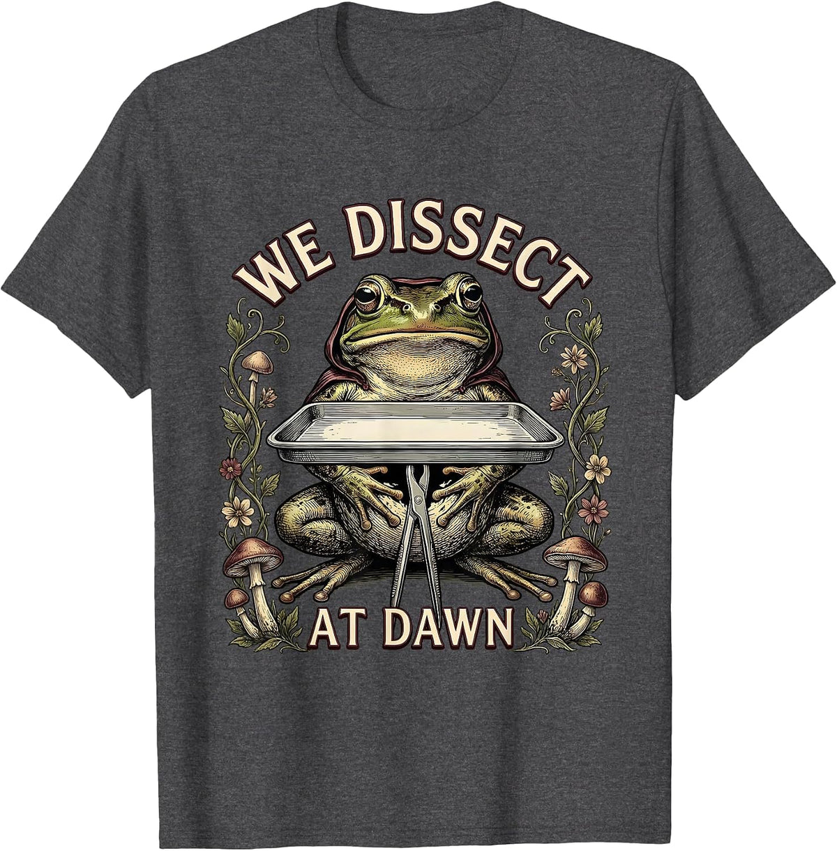 We Dissect At Dawn Funny Frog Teacher Back to School T-Shirt - Dark Heather Grey