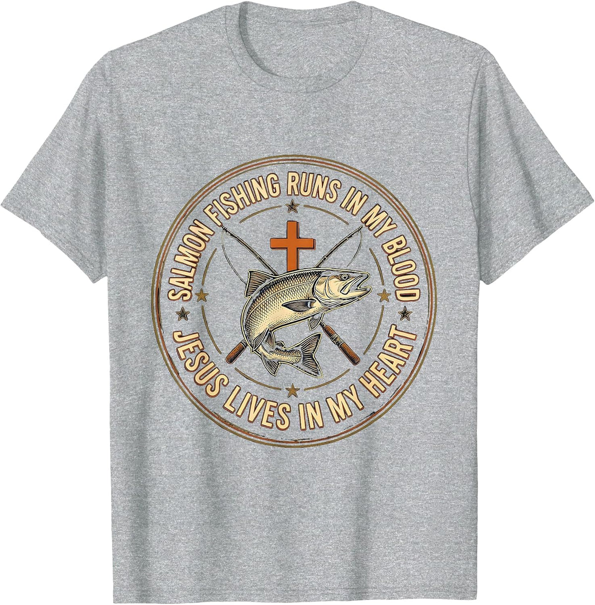 Men's Salmon Fishing Runs In My Blood, Jesus Lives In My Heart T-Shirt - Heather Grey