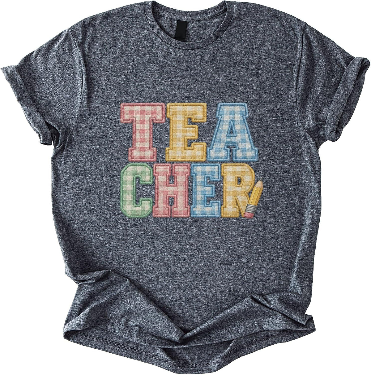 Amazon Bulk 28 05 Gingham Applique Teacher Tshirt Unisex T-Shirt - Dark Heather