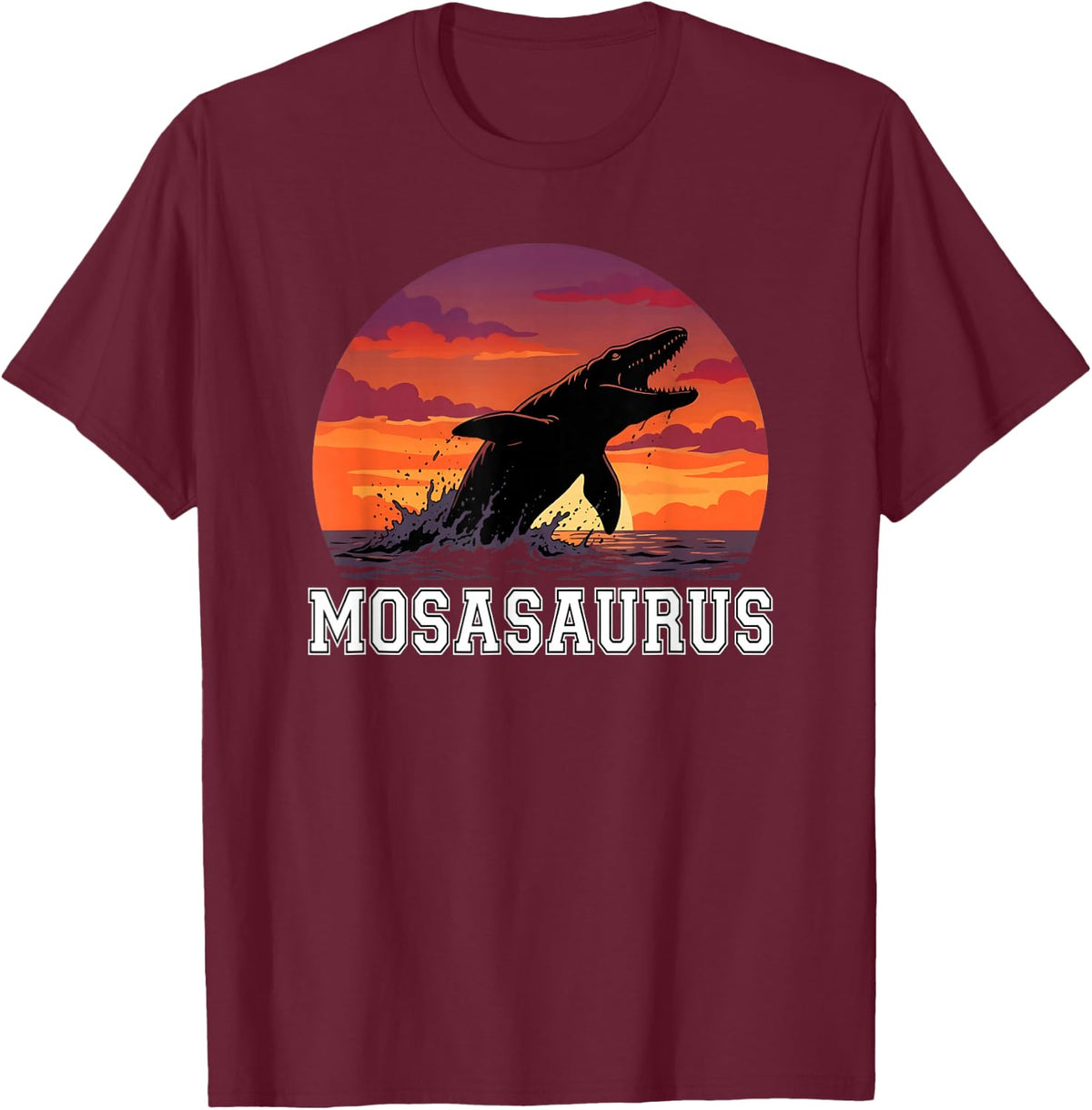 Mosasaurus Retro Sunset Prehistoric Dinosaur Sea Monster T-Shirt - Burgundy