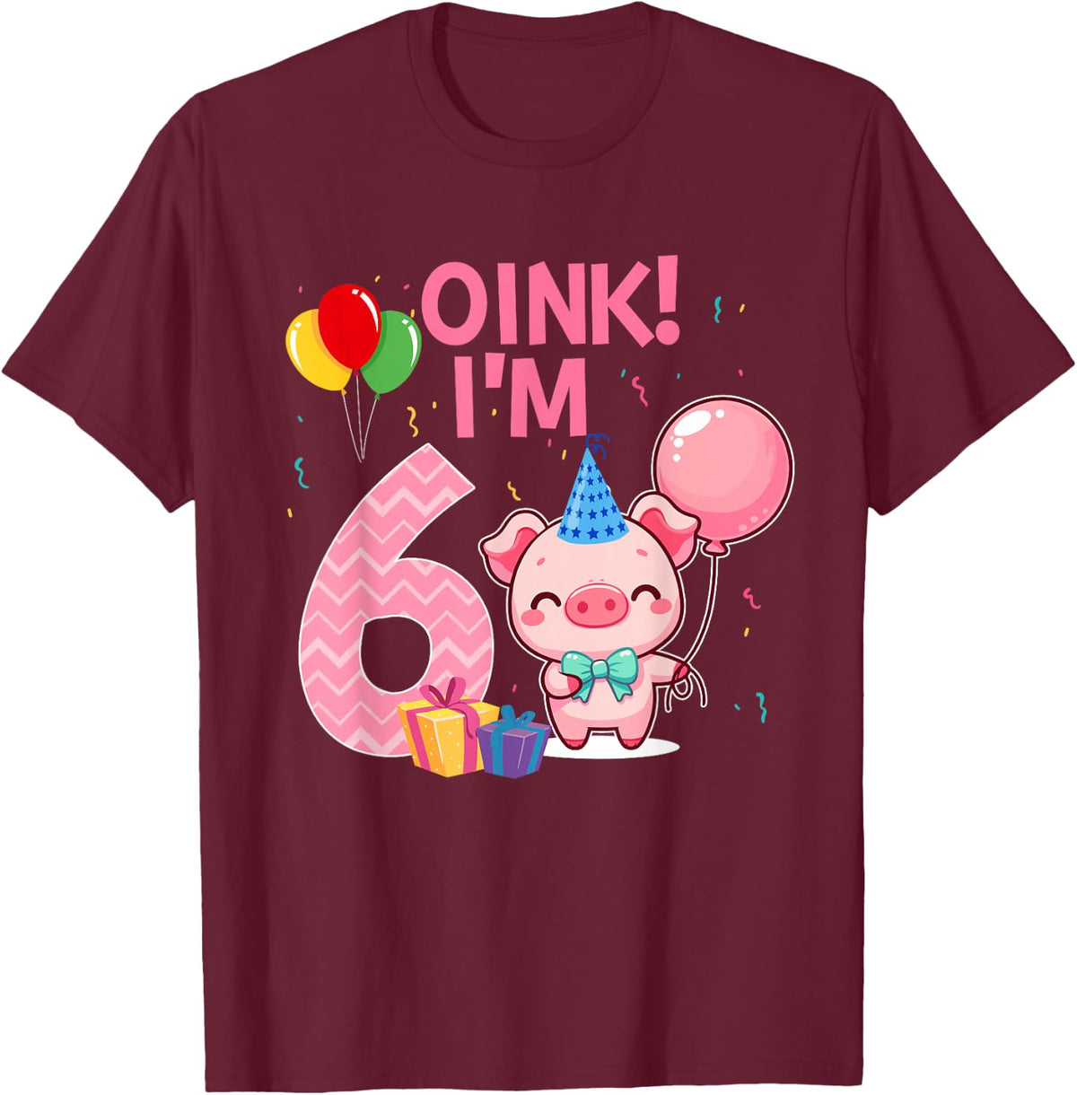 6 Year Old Pig Lover 6th Birthday Farm Animals Themed T-Shirt - Burgundy