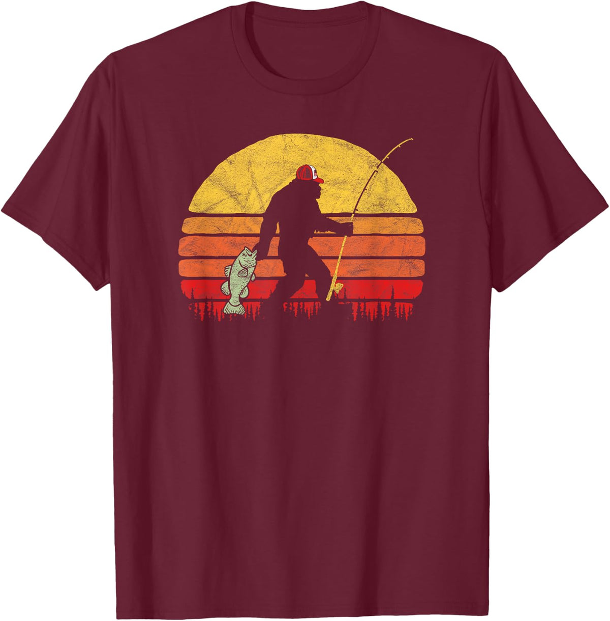 Bass Fishing Funny Bigfoot in Trucker Hat Retro Graphic T-Shirt - Burgundy