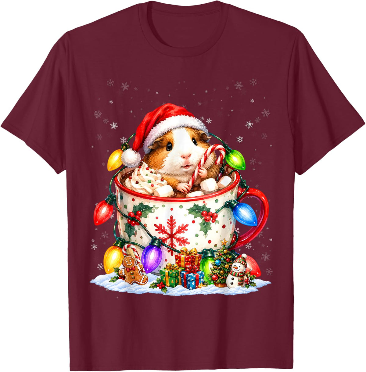 Guinea Pig Christmas Lights Holiday Animal Design T-Shirt - Burgundy