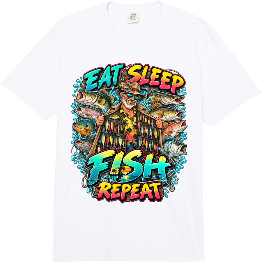 Eat Sleep Fish Repeat Fisherman Angler Fishing Lover Dad Comfort Colors Adult Heavyweight T-Shirt - Adult Unisex White